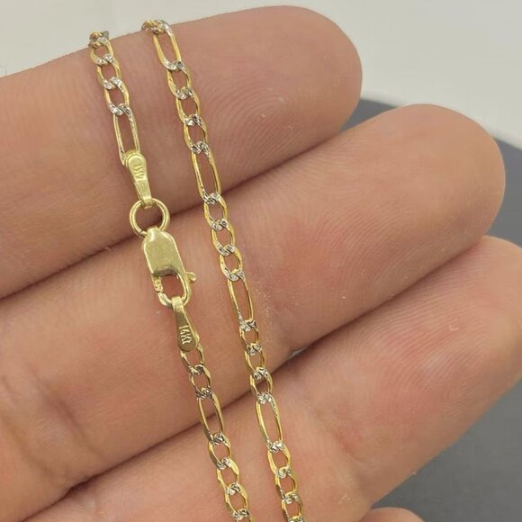 14K Yellow Gold Two Tone Necklace Figaro 22" Chain for Womens Mens Fashion Gifts - Picture 1 of 5